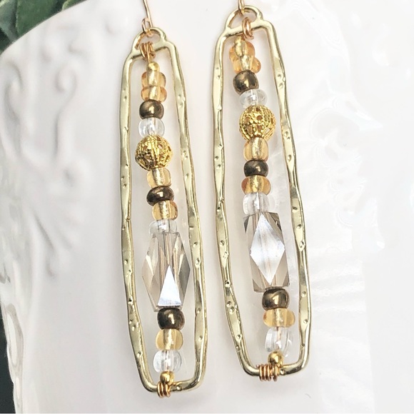 New Crystal Beaded Rectangular Hoop Frame Handmade Earrings One of a Kind Gifts - Picture 2 of 7